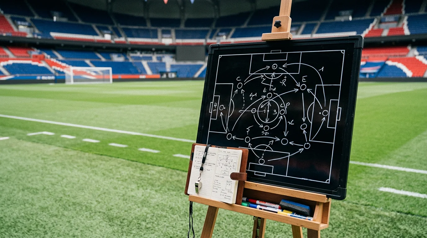 Lavagna tattica con schema di gioco e appunti di analisi calcistica