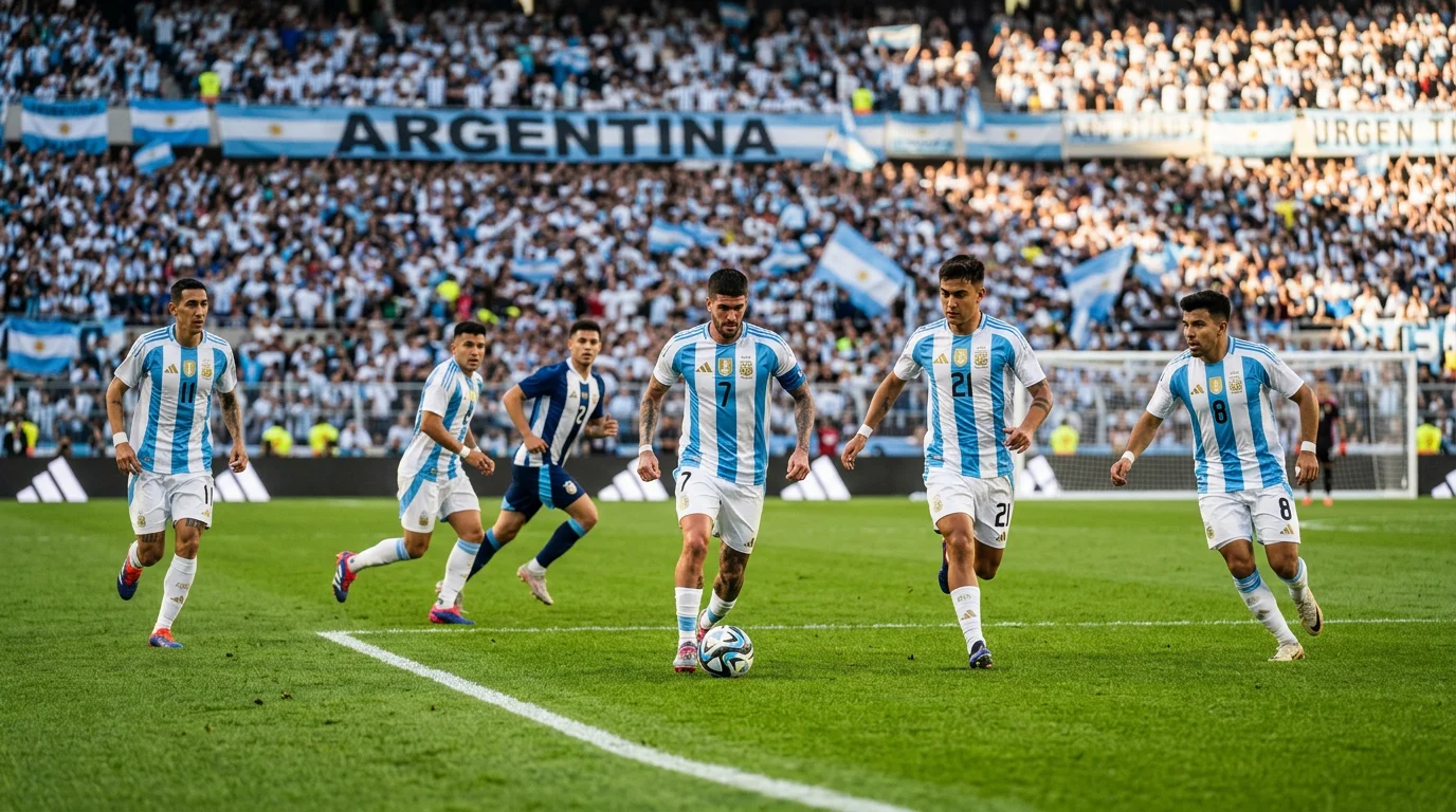 Nazionale argentina con la maglia albiceleste durante un'azione di gioco su campo da calcio