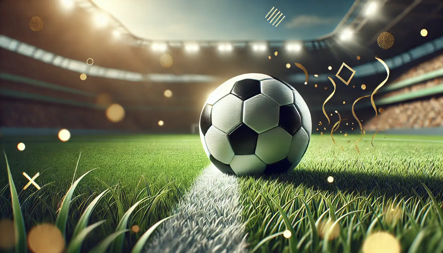 Pallone da calcio su campo verde con simboli promozionali stilizzati