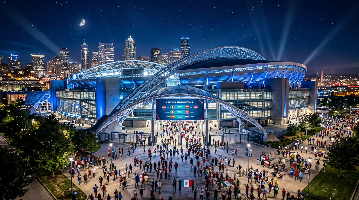 Stadio illuminato di notte durante una partita serale dei Mondiali di calcio