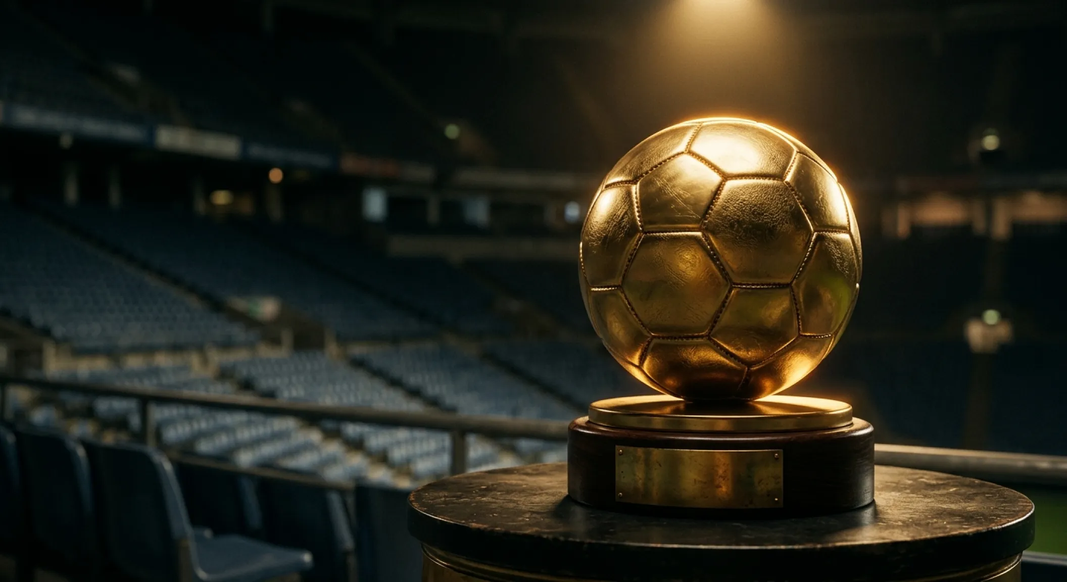 Primo piano di un pallone da calcio dorato illuminato su un piedistallo dentro uno stadio buio, riflettori sullo sfondo