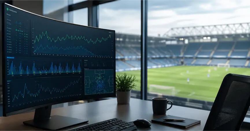Schermo con grafici di quote sportive e campo da calcio stilizzato