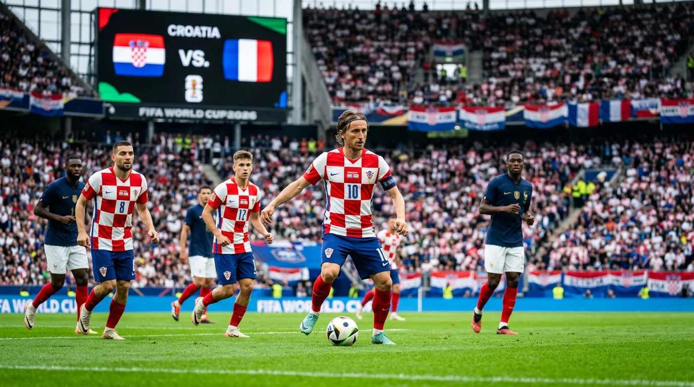 Nazionale croata Vatreni con la maglia a scacchi durante una partita su campo da calcio