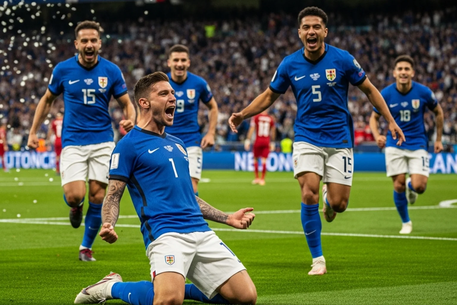 Calciatori di nazionale che esultano dopo un gol in una partita internazionale