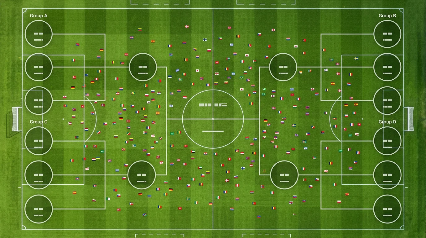 Campo da calcio con schema dei 12 gironi e bandiere delle 48 nazionali