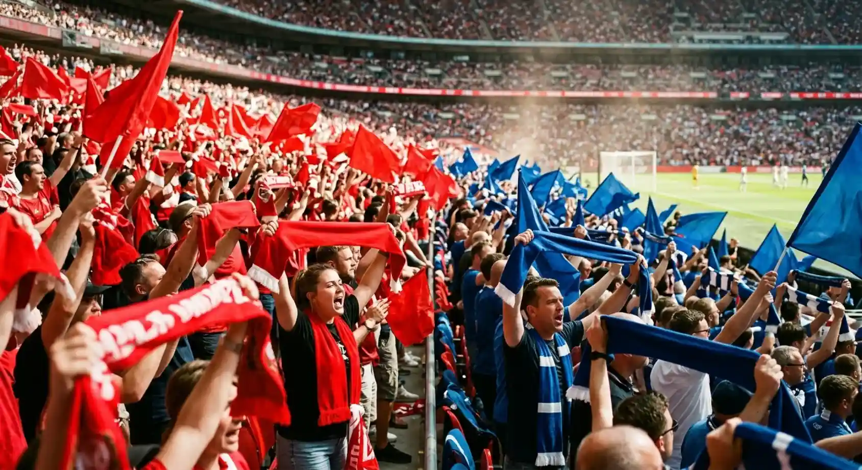 Tifosi con sciarpe e bandiere di due colori diversi affiancati sugli spalti di uno stadio assolato durante una partita di calcio