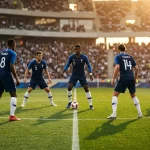 Nazionale francese Les Bleus con la maglia blu durante una partita su campo da calcio