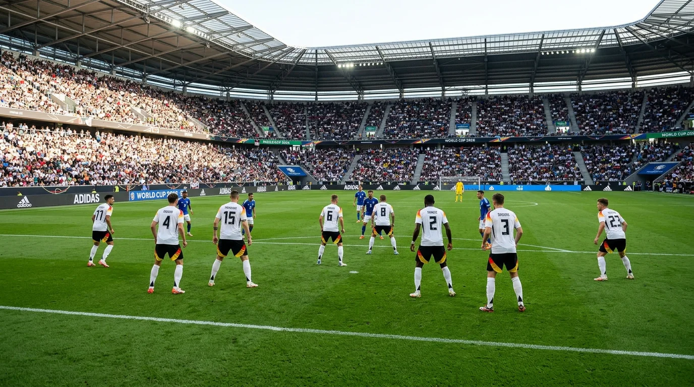 Nazionale tedesca Die Mannschaft con la maglia bianca durante una partita su campo da calcio