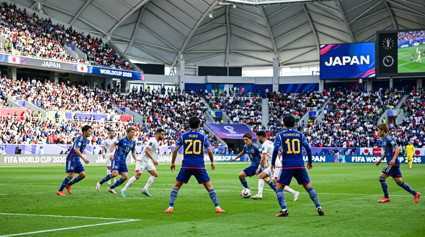 Nazionale giapponese Samurai Blu con la maglia blu durante una partita su campo da calcio