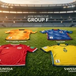 Girone F dei Mondiali 2026 con le bandiere di Paesi Bassi, Giappone, Tunisia e Svezia
