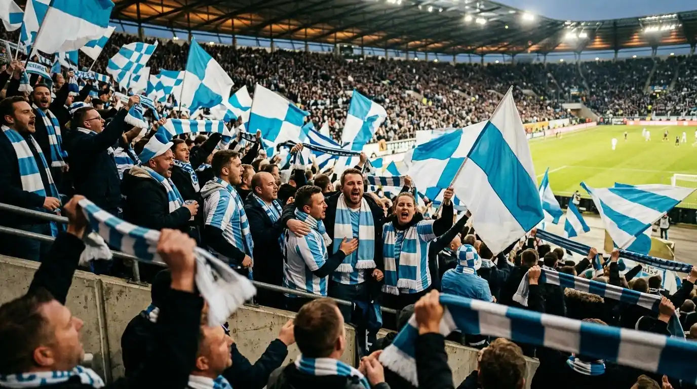 Tifosi con sciarpe e bandiere bianche e biancocelesti affiancati sugli spalti di uno stadio coperto durante una partita serale