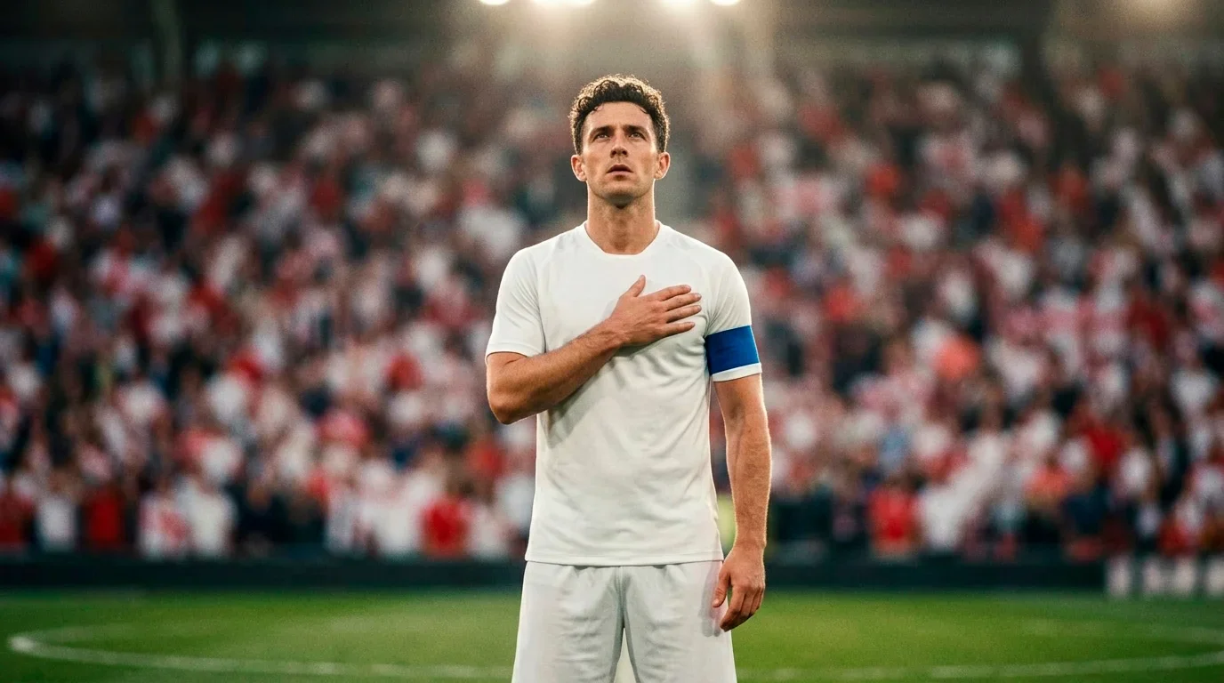 Capitano dell'Inghilterra che indossa la fascia ufficiale dei Mondiali 2026 durante l'inno nazionale