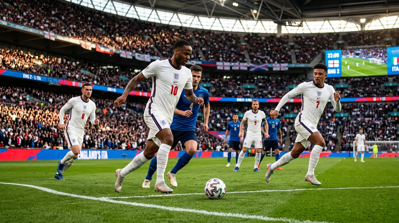 Nazionale inglese Three Lions con la maglia bianca durante una partita su campo da calcio