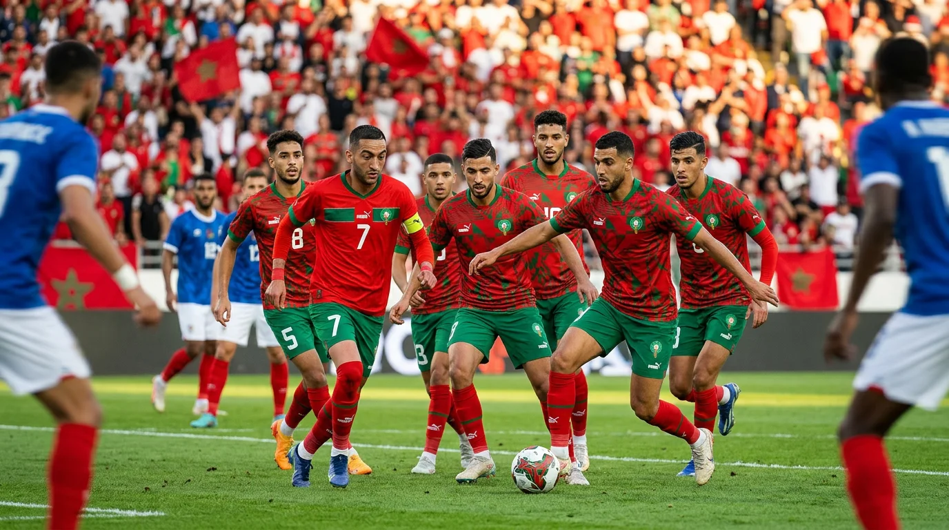 Nazionale marocchina Leoni dell'Atlante con la maglia rossa durante una partita su campo da calcio