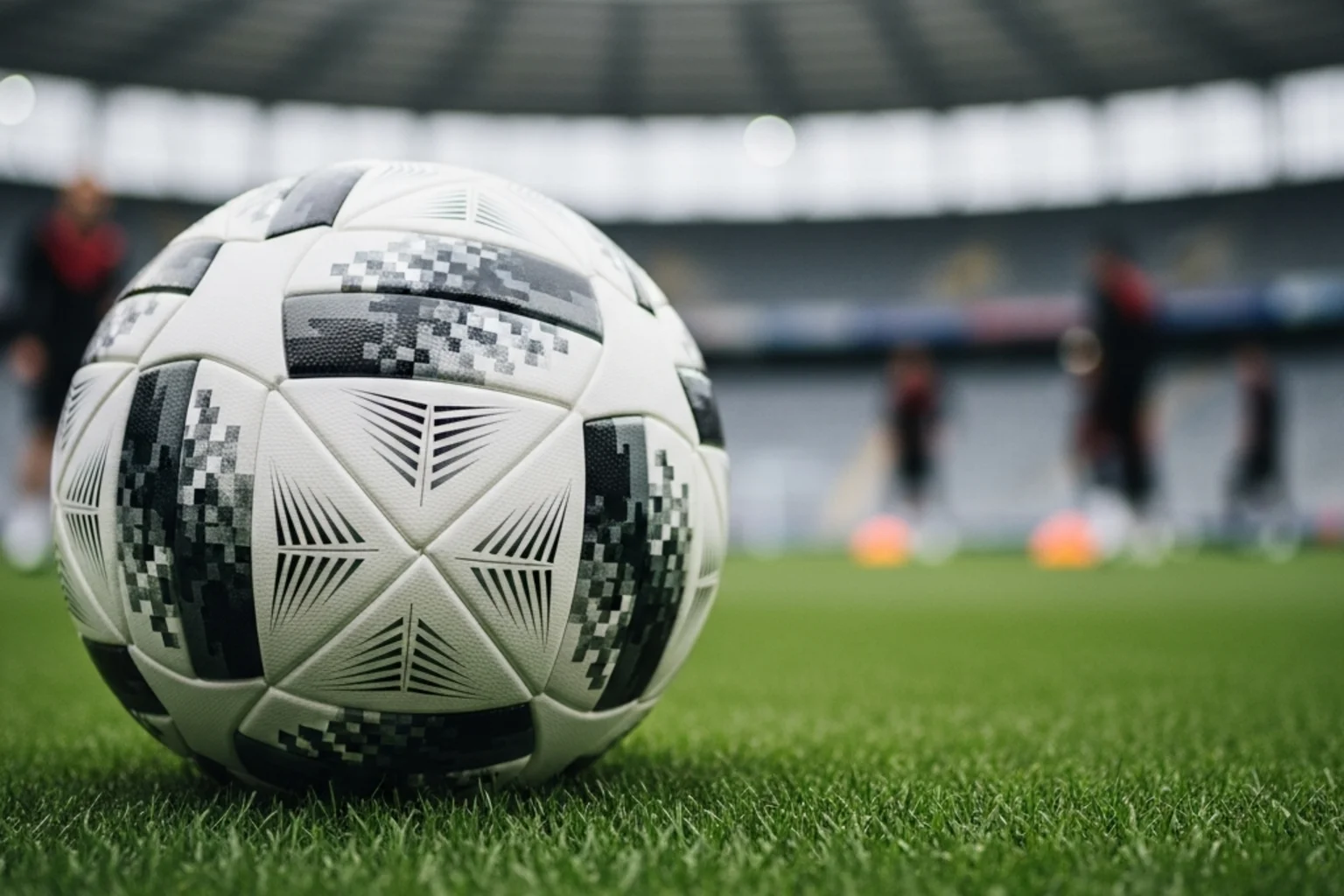 Pallone da calcio ufficiale su un campo verde prima di una partita dei Mondiali