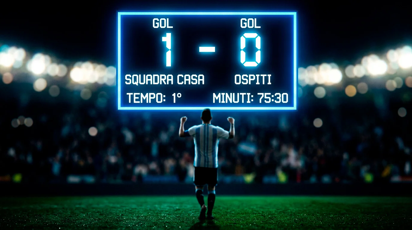 Tabellone elettronico stilizzato che mostra il momento del gol storico di Messi ai Mondiali 2026