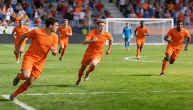 Nazionale olandese Oranje con la maglia arancione durante una partita su campo da calcio