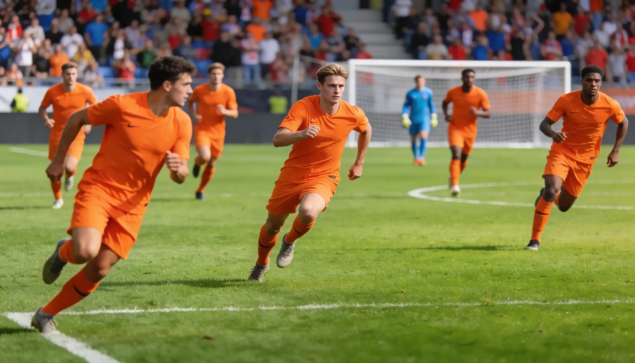 Nazionale olandese Oranje con la maglia arancione durante una partita su campo da calcio