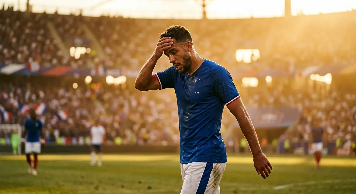 Il giocatore francese si asciuga il sudore dalla fronte dopo uno scatto, lo stadio è avvolto in una luce calda e giallastra