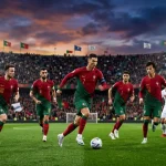Nazionale portoghese con la maglia rossa durante una partita su campo da calcio