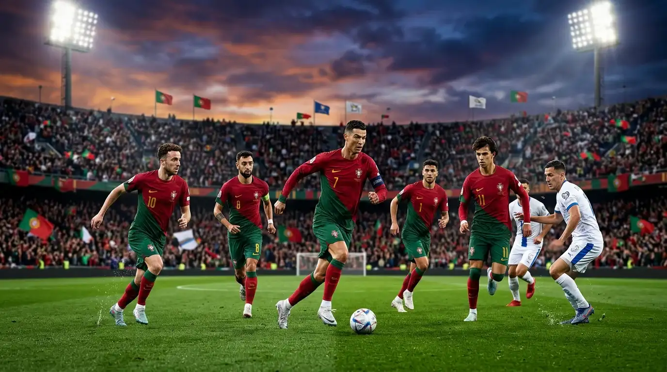 Nazionale portoghese con la maglia rossa durante una partita su campo da calcio