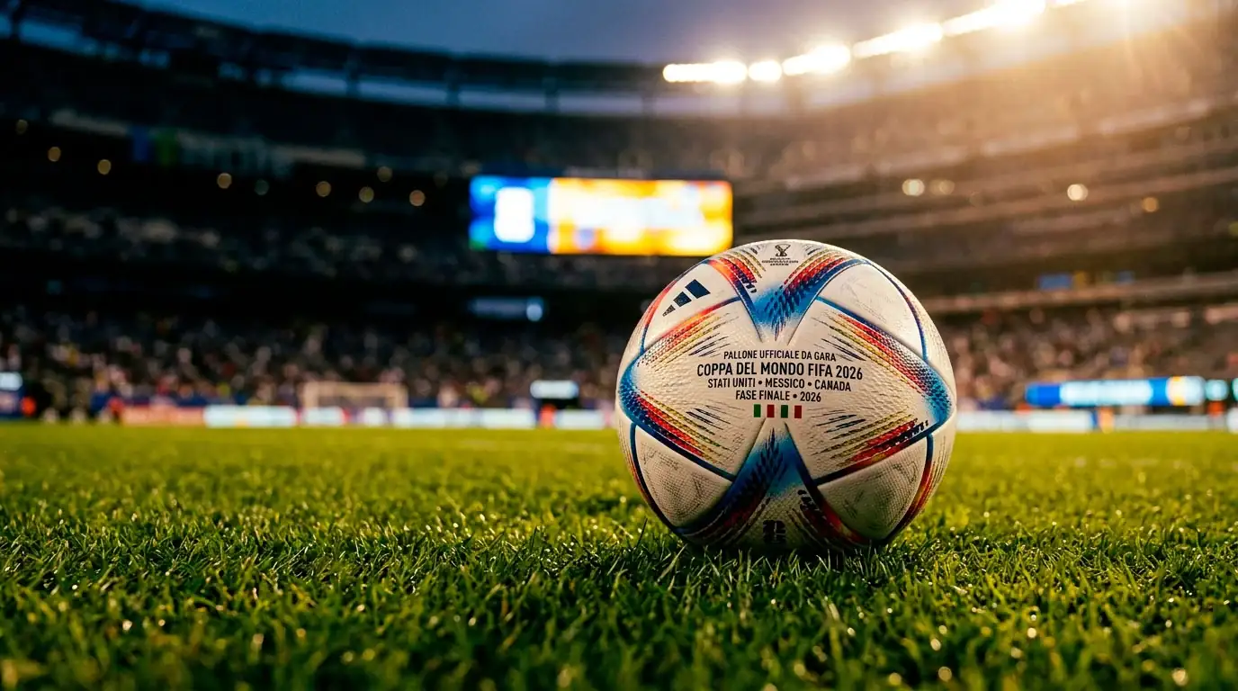 Pallone ufficiale dei Mondiali 2026 sotto i riflettori dello stadio con la silhouette del cartellone elettronico