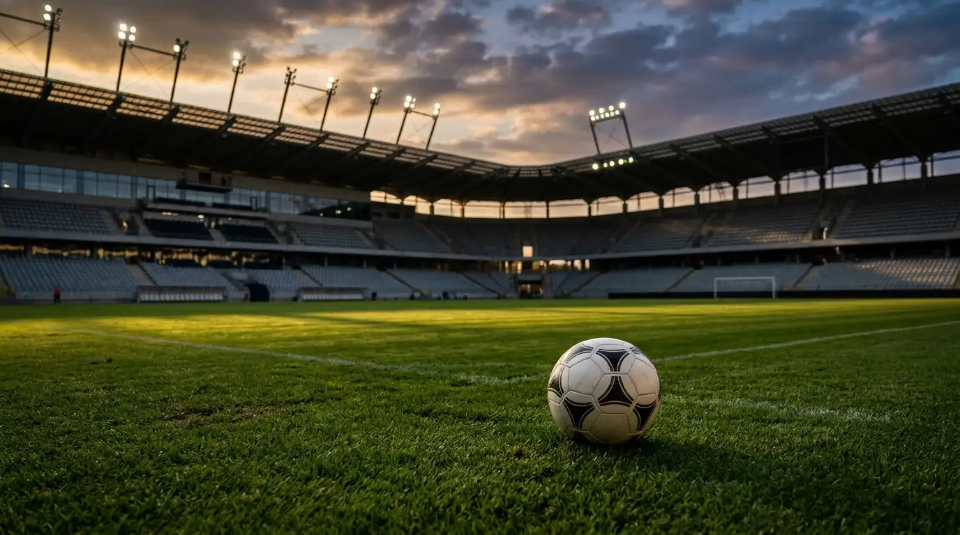 Pallone su un campo da calcio vuoto poco prima del fischio d'inizio, lunghe ombre serali e riflettori dello stadio sullo sfondo