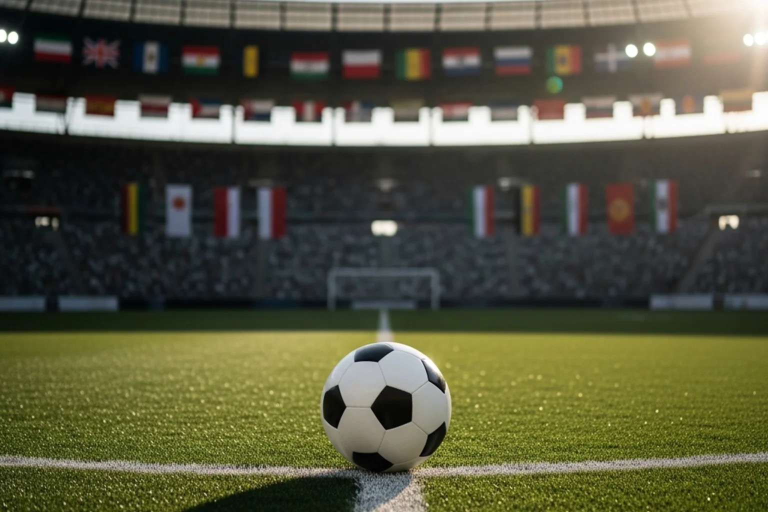 Pallone da calcio su campo verde con bandiere delle nazionali favorite