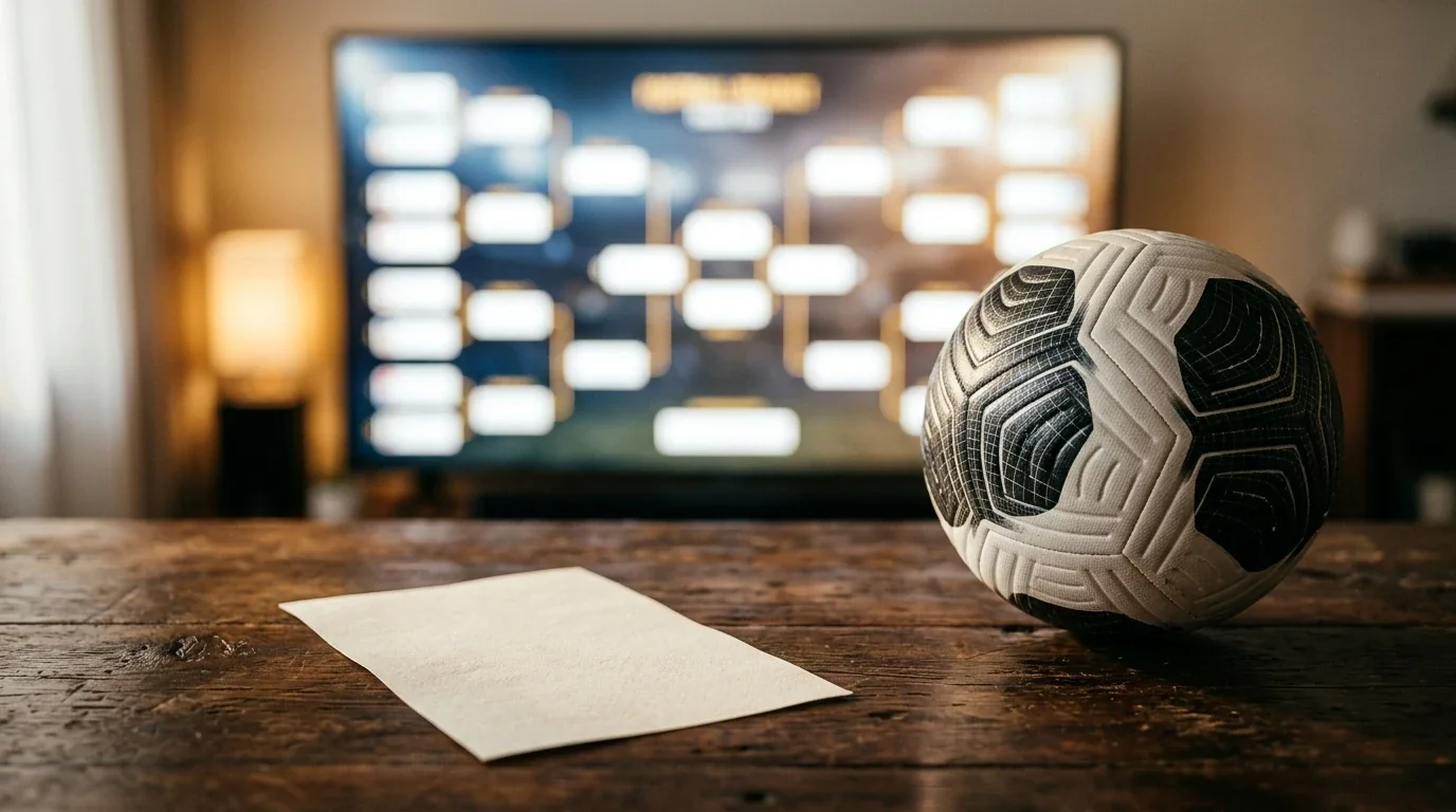 Un tagliando di scommessa e un pallone da calcio su un tavolo, con uno schermo sfocato che mostra un tabellone a eliminazione diretta sullo sfondo