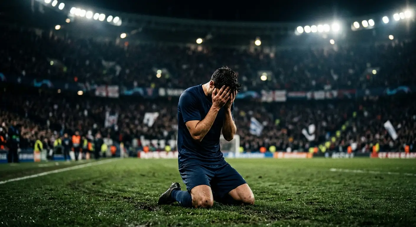 Un calciatore in maglia scura inginocchiato sul campo con le mani sul volto dopo l'eliminazione, tribuna sfocata sullo sfondo