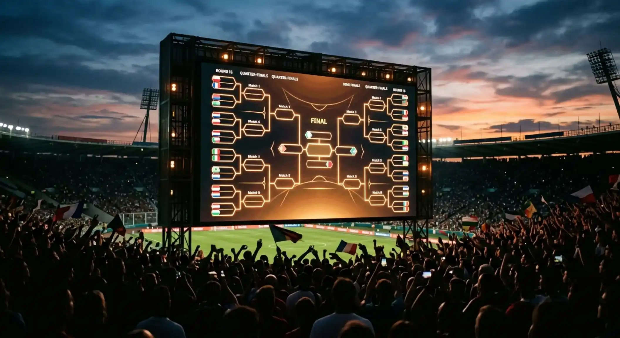 Tabellone luminoso di uno stadio che mostra il quadro delle qualificate, con tribune gremite sullo sfondo al tramonto