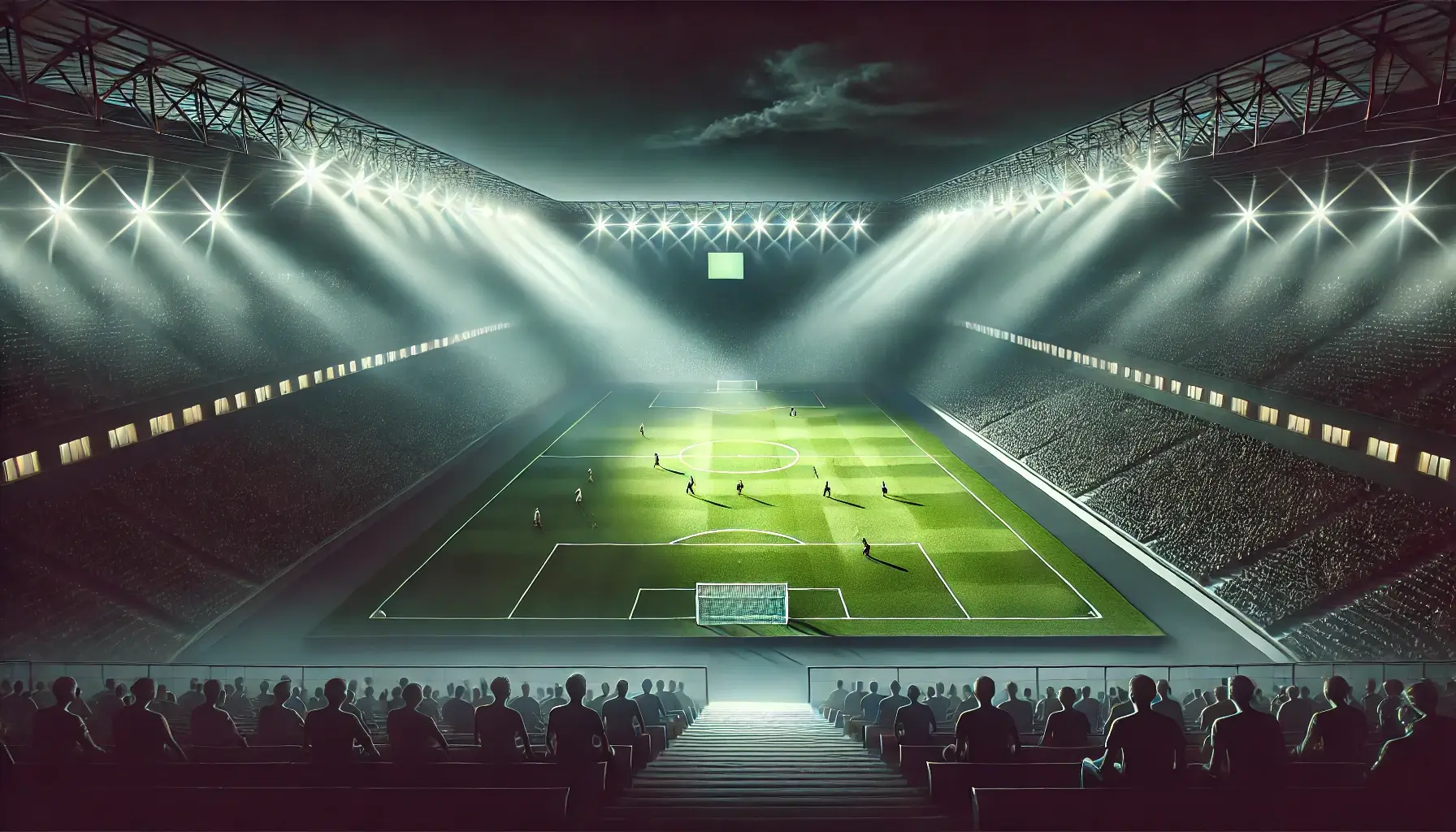 Stadio di calcio durante una partita notturna con tabellone luminoso