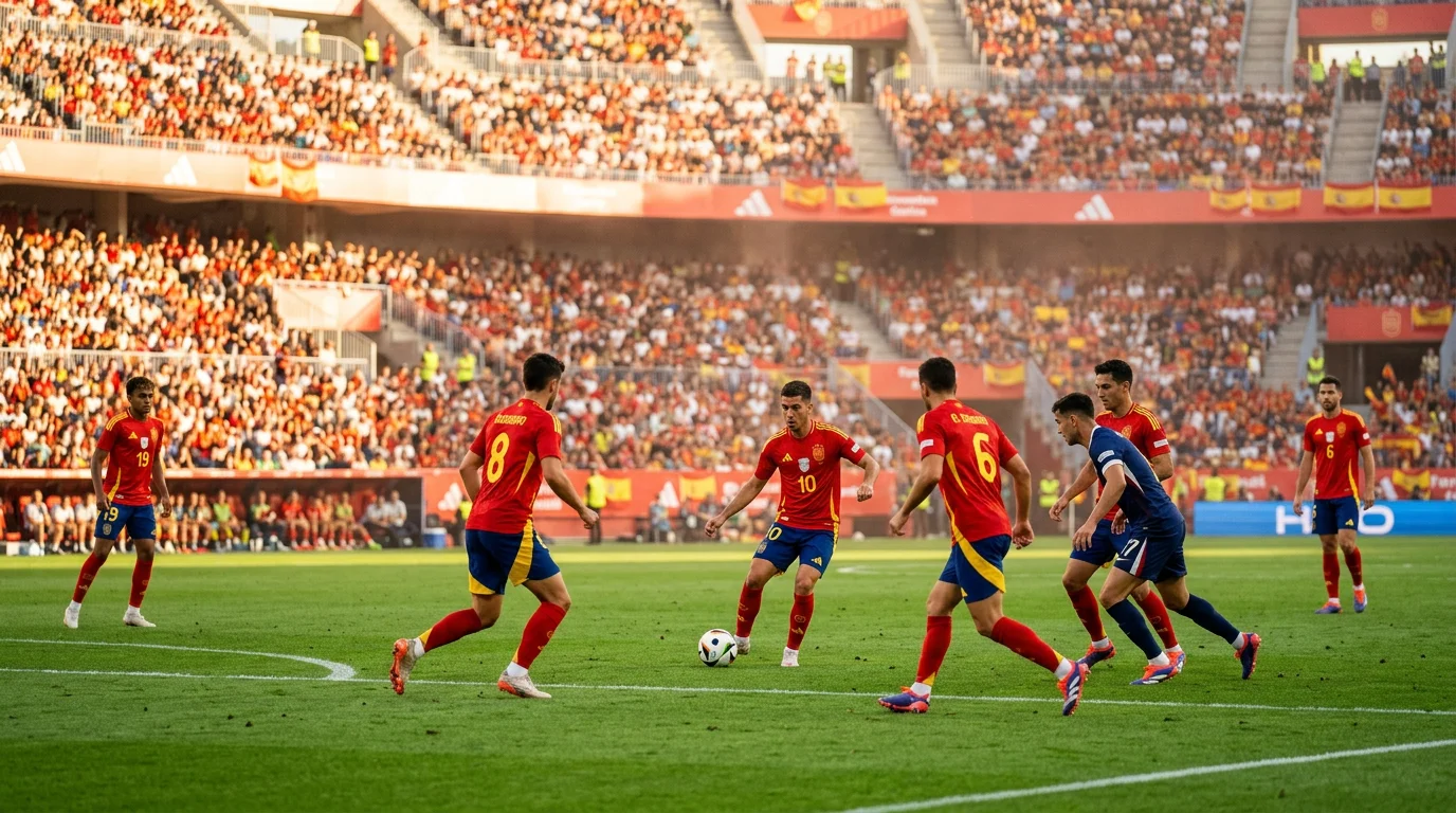 Nazionale spagnola La Roja con la maglia rossa durante una partita su campo da calcio