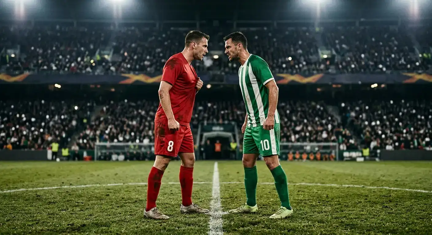 Due calciatori, uno in maglia rossa e uno in maglia verde a strisce, si affrontano a muso duro nel mezzo del campo sotto i riflettori