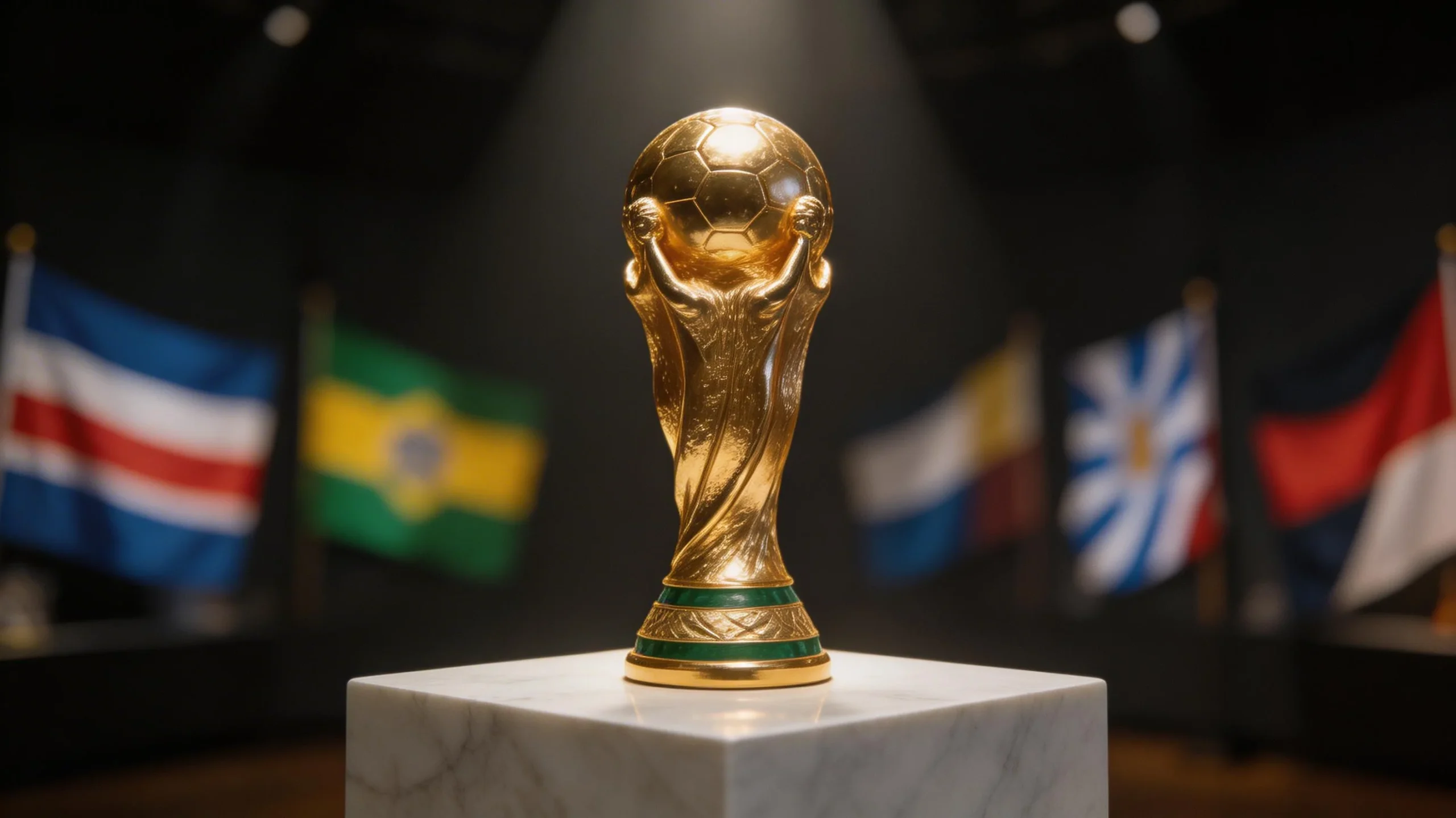 Trofeo della Coppa del Mondo FIFA su piedistallo con bandiere internazionali