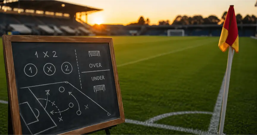 Campo da calcio con lavagna tattica e simboli dei diversi mercati di scommesse sportive